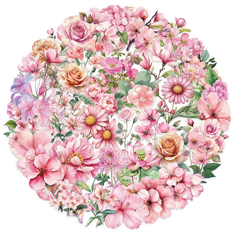 50PCS Pink Flower Stickers PET Colorful Nature Plant Floral Transparent Stickers Nature Flower Decals for Window Water Bottles