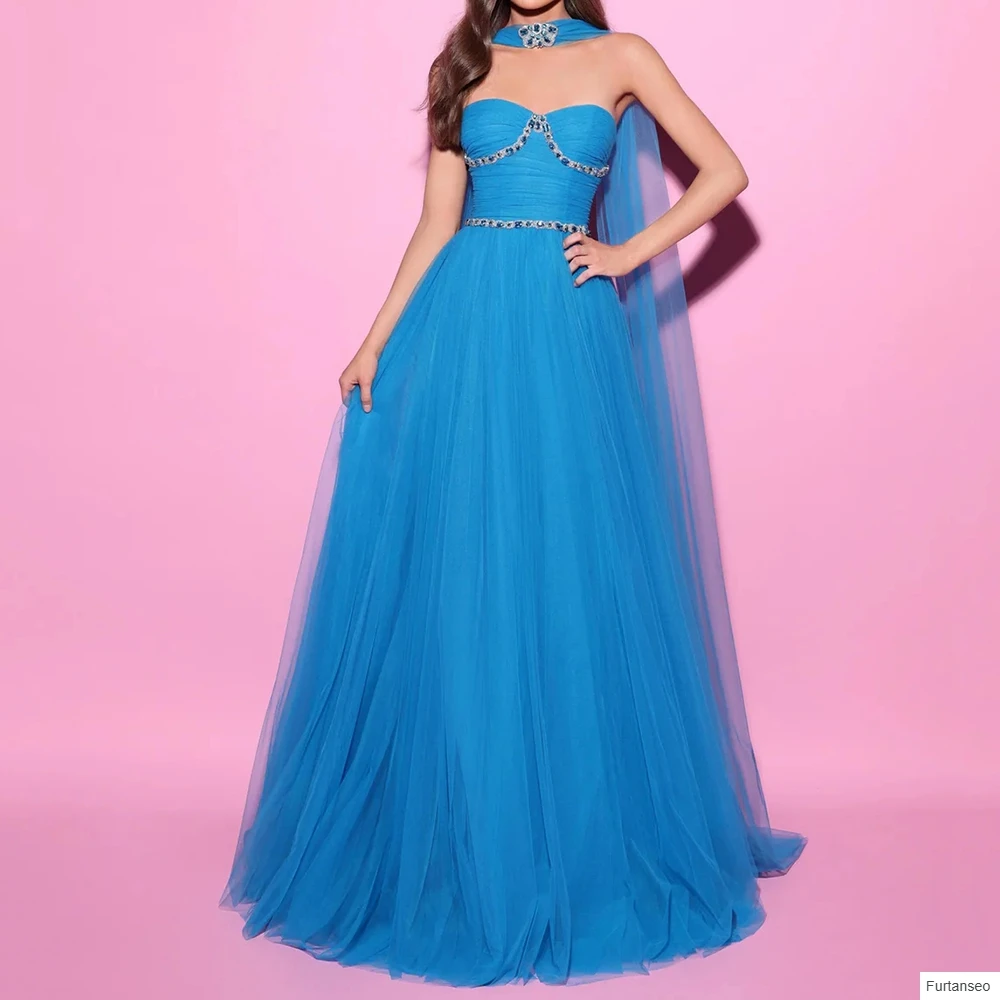 

A-line Women's Evening Dresses Floor-length Strapless Sleeveless Prom Gown Fashion Crystal Simple Stole Draped Customized Gowns