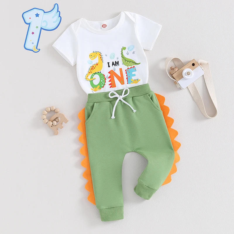 

6-18M Infant Baby Boys Clothes Sets Summer Short Sleeve Letter Dinosaur Print Cartoon Romper and Green Drawstring Pants Outfits