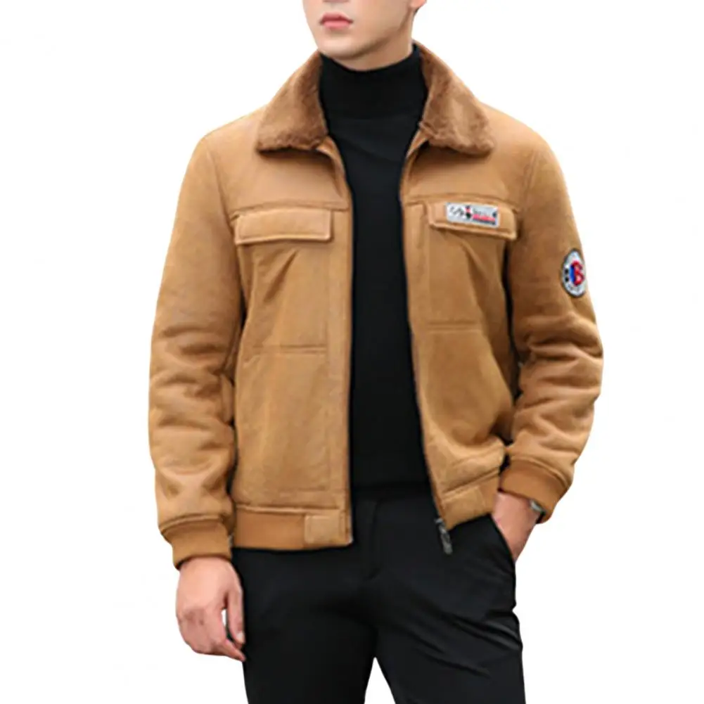 

Plus Size Thicken Men Jacket Autumn Winter Coat Plush Lining Windproof Sleeve Badge Jacket Overcoat