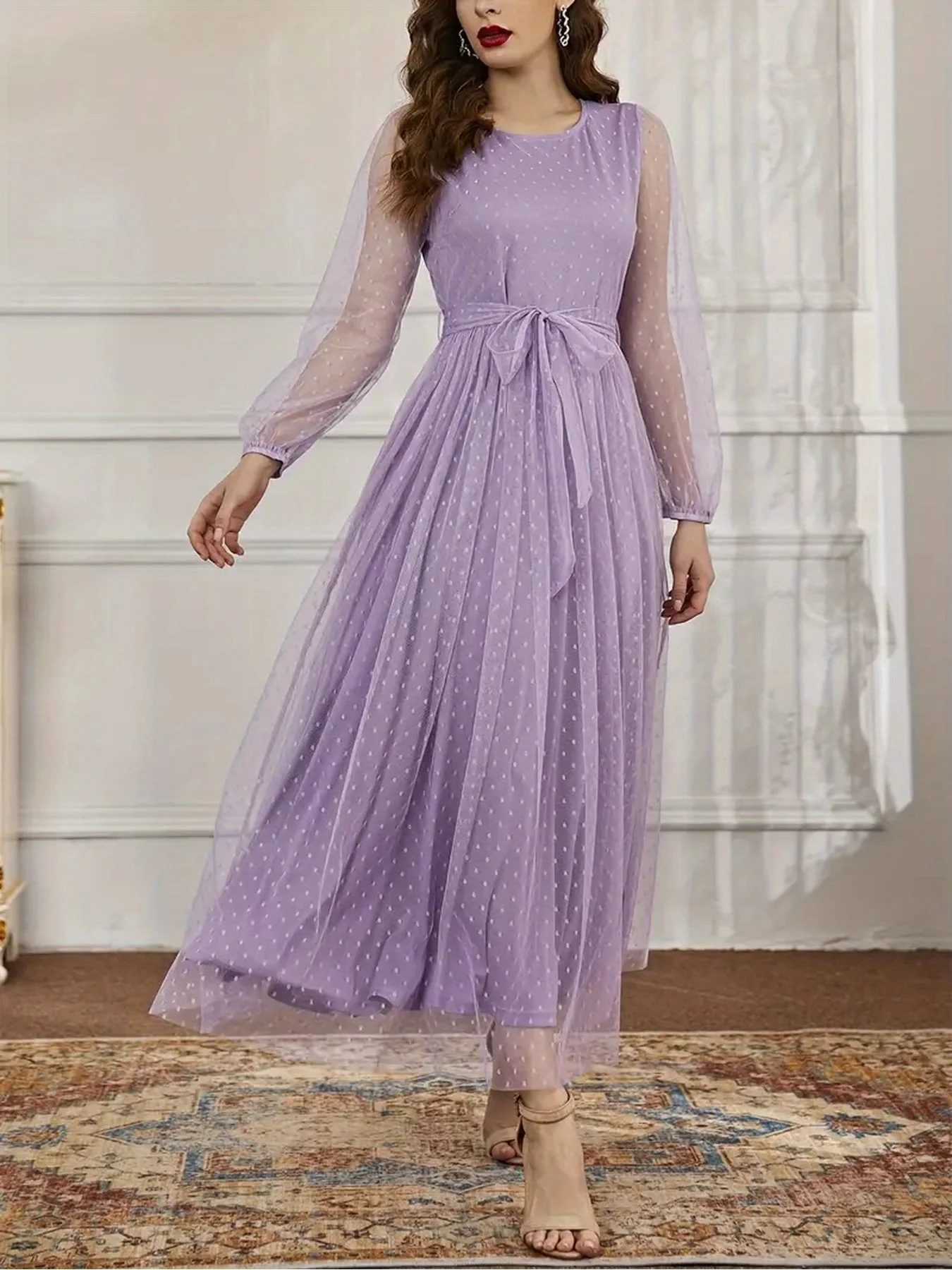 Damen Casual und Elegantes Halbtransparentes Langarm-Kleid mit Rundhalsausschnitt, Einfarbig, Hohe Taille und Durchsichtigem Gürtel – Detail 2