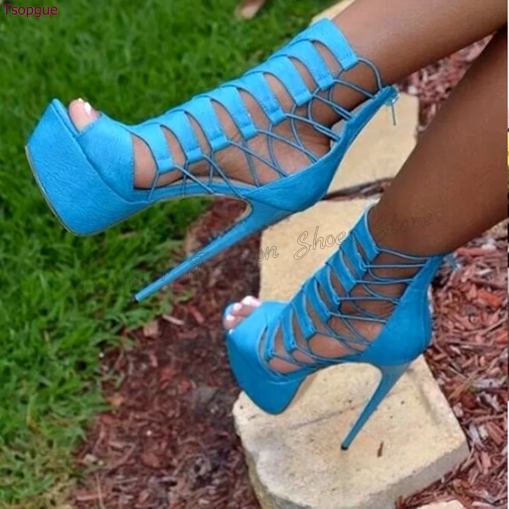 

Blue Peep Toe Platform Cut Out Sandals Sexy Stilettos High Heels High Heel Shoes for Women Heels 2025 New Zapatos Para Mujere