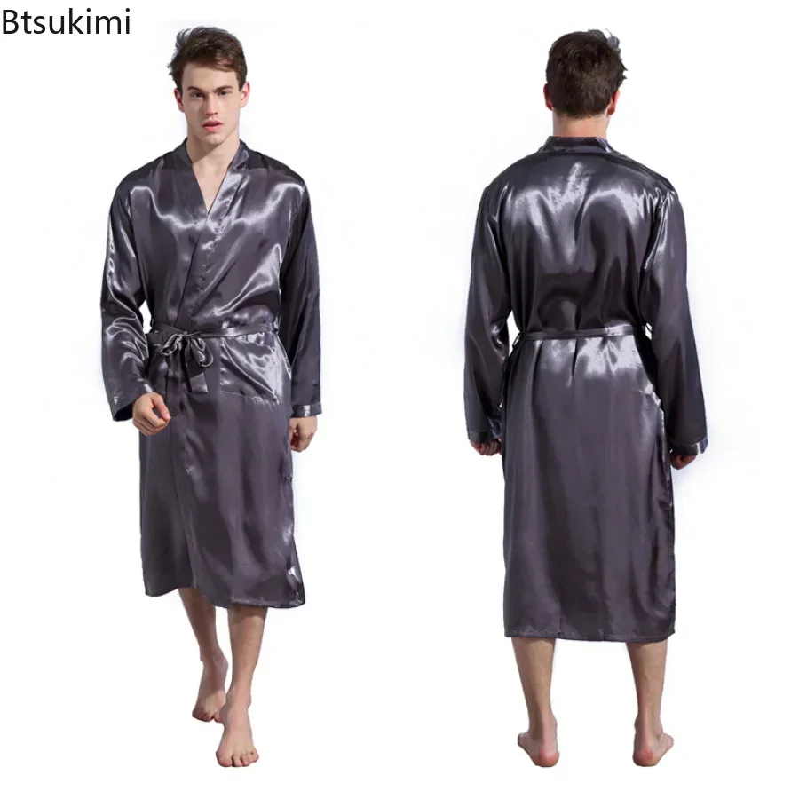 Novo 2025 roupões de cetim de seda dos homens pijamas manga longa sólido pijamas quimono masculino roupão lazer masculino loungewear roupão