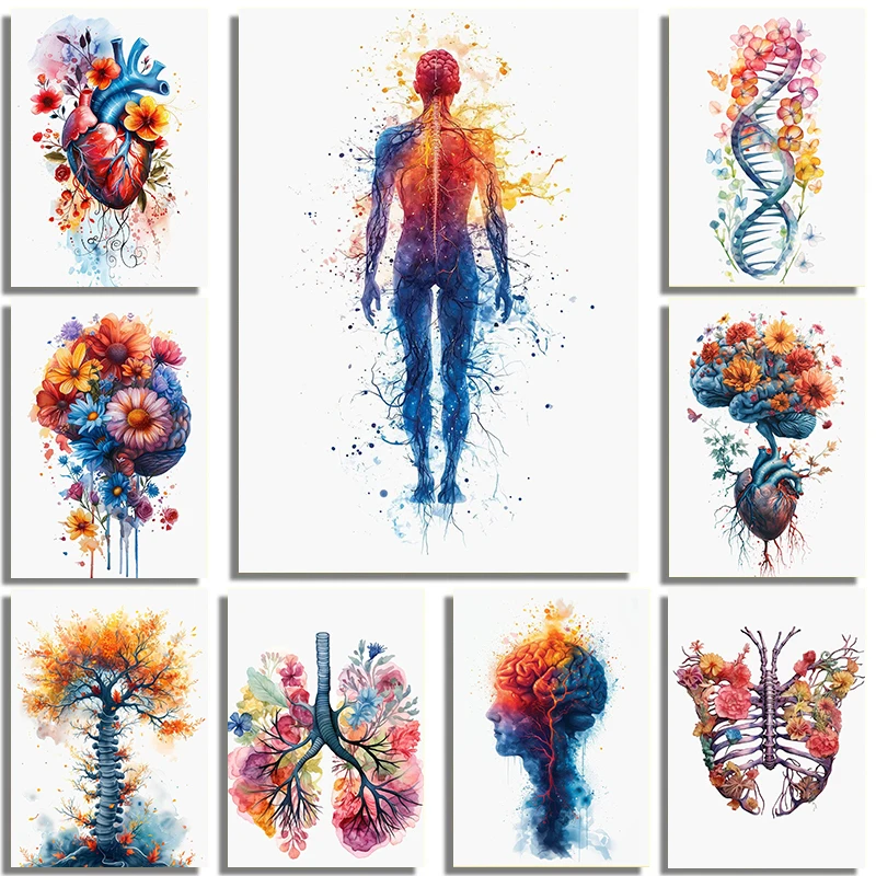 Watercolor Dissecting Medical Heart Brain Trunk Skeleton Lung Flower Art Poster Canvas Print   Doctor Nurse Office Wall Decor