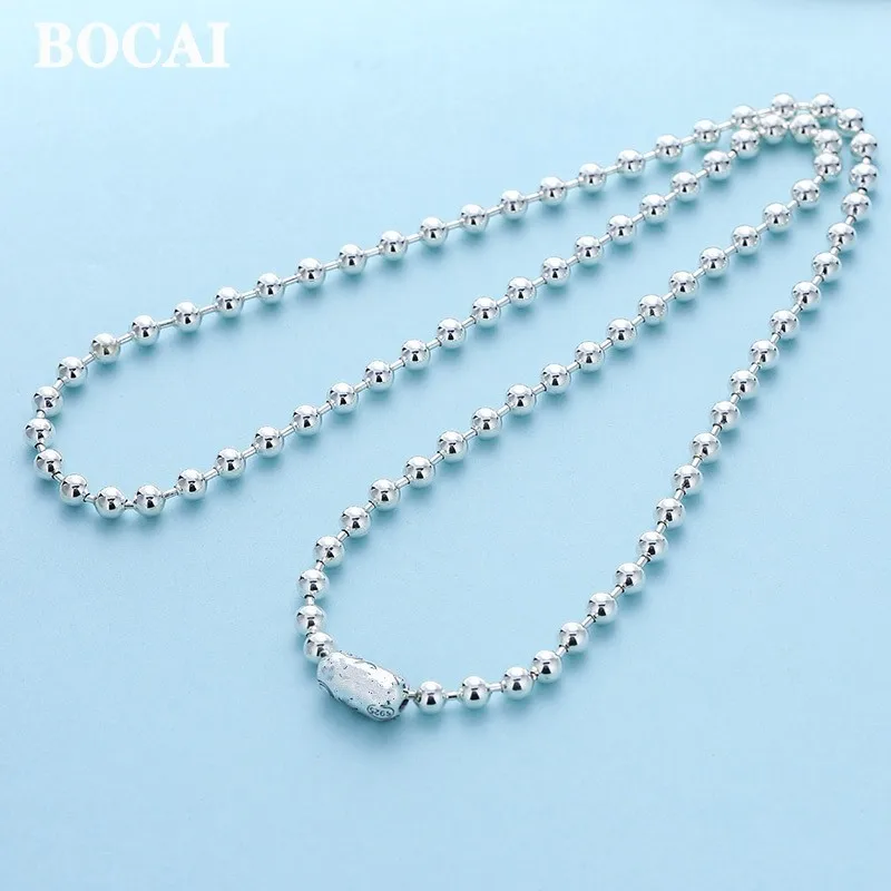 BOCAI 100% S925 Sterling  Silver Necklace for Women Men New Fashion Button Head Round Bead-chain Jewelry Free Shipping