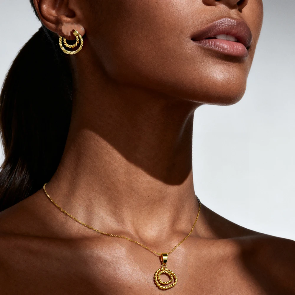 

Gold Plated Twisted Round Necklaces Earrings Jewelry Set Simple Pendant Anniversary Party Dubai Bridal Wedding Jewelry Gifts