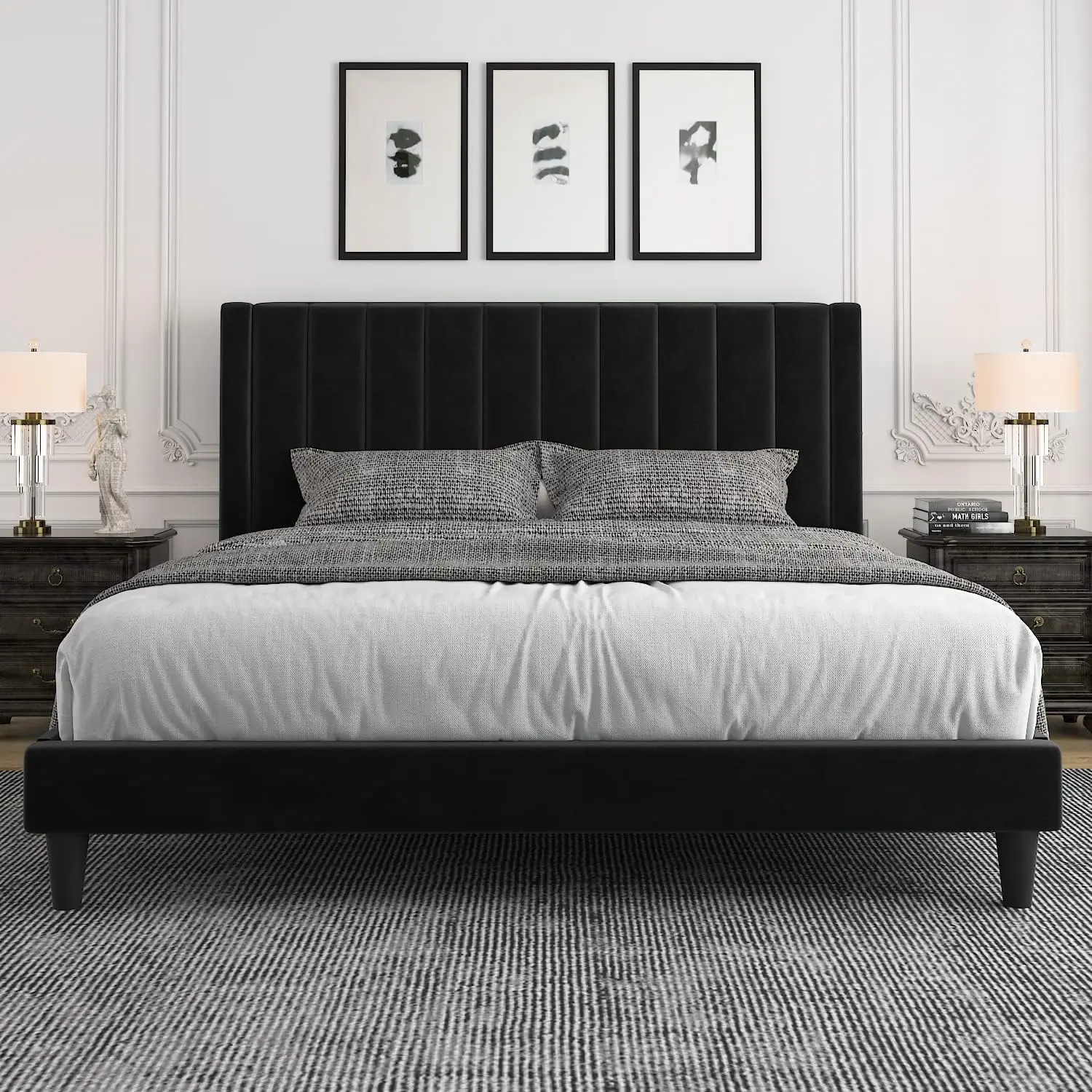 

King Bed Frame/Velvet Upholstered Bed Frame with Vertical Channel Tufted Headboard Platform Bed Frame/Mattress Foundation