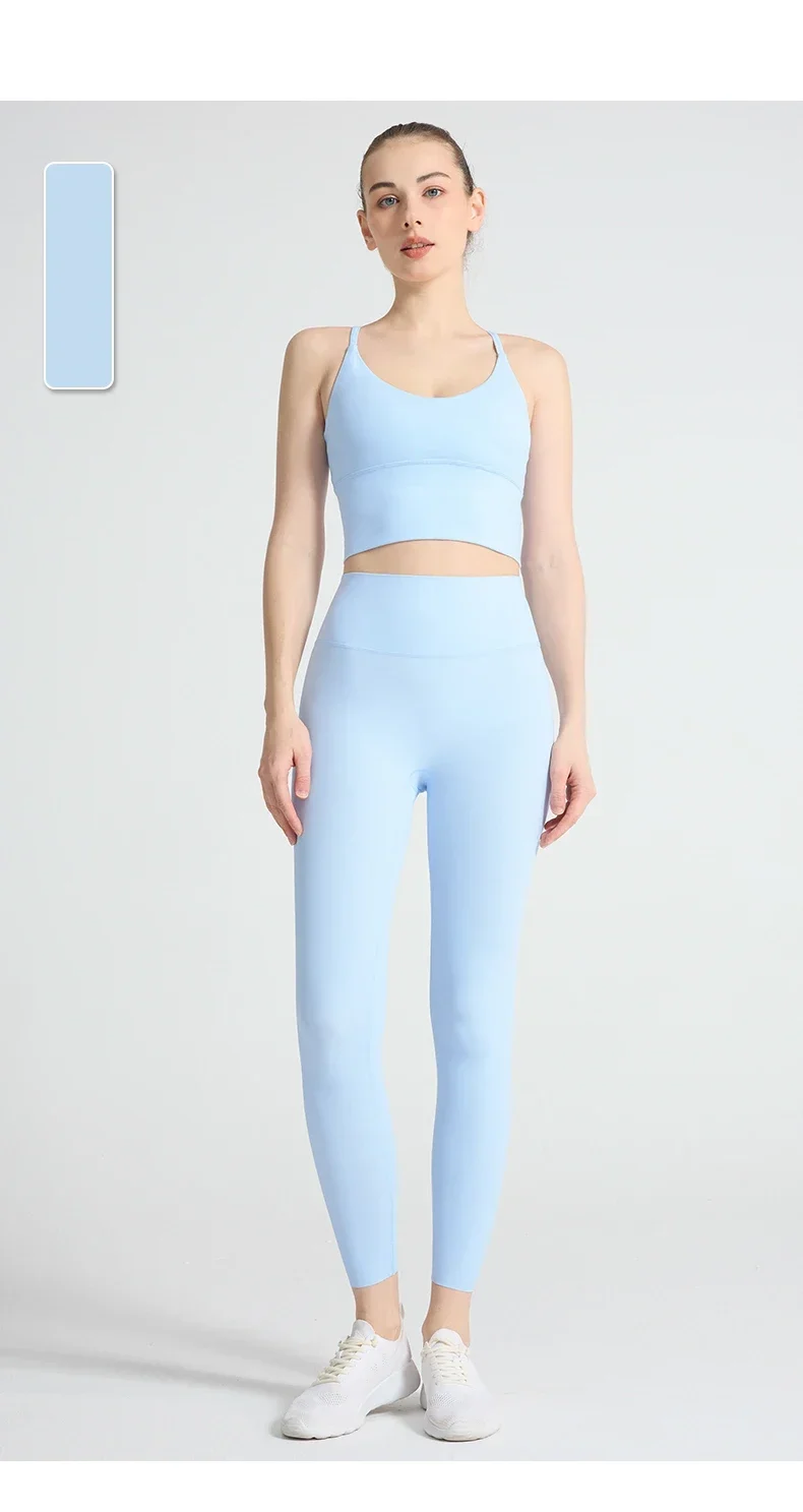 Einfarbige Weiche Damen-Sportanzüge mit Rückenkreuzdesign, Stoßfestes Sport-Top, Hochelastische Fitness-Leggings, Lauf- und Yoga-Sportsets – Detail 12