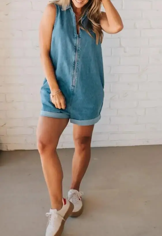 

Summer New Solid Color V-Neck Loose Straight Leg Denim Jumpsuit for Women, Casual Trend, Personalized Sleeveless Jumpsuit