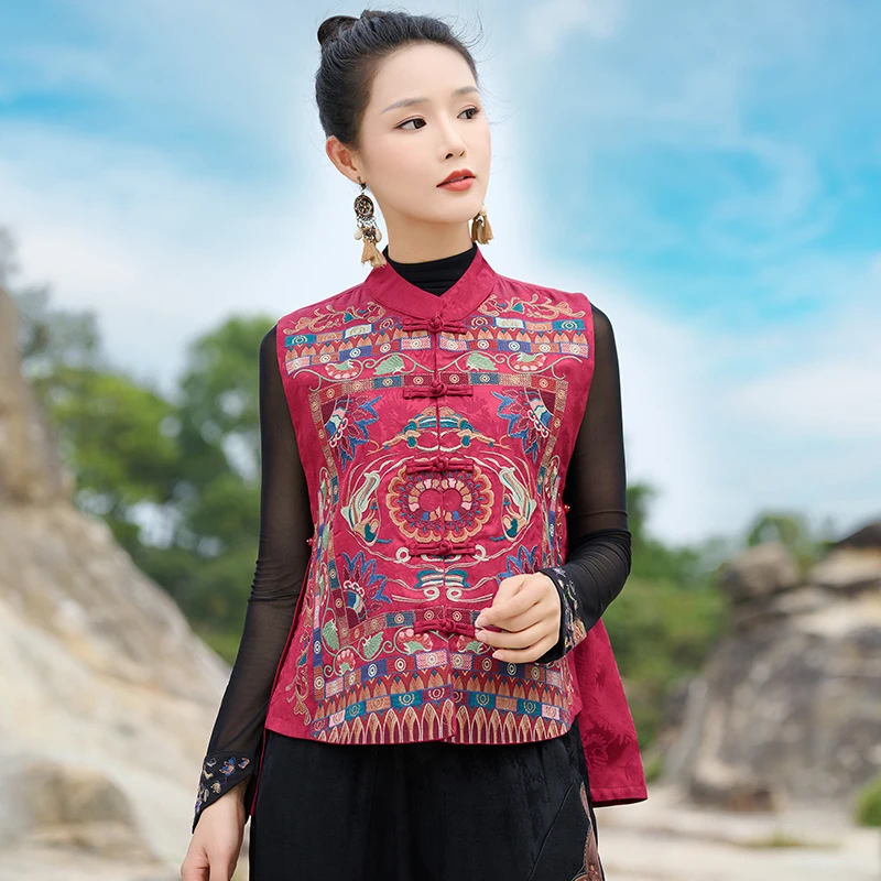 Double-Sided Heavy Embroidery Design Satin Surface Floral Patterned Vest Women's Retro Style Fashionable Slimming Outerwear