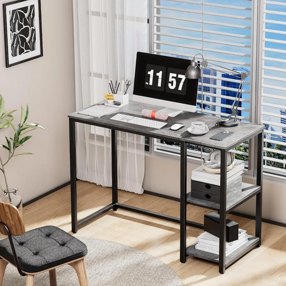 Modern Gaming and Study Desk 40 inches Grey with 2-Tier Shelves, Large Storage Space for Writing and Gaming