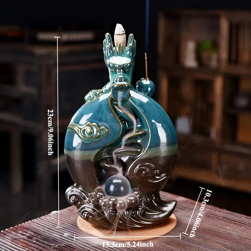 1pc,Ceramic Handicraft Chinese Mascot Dragon With Ball Waterfall Backflow Incense Burner Aromatherapy Ornament (Without Incense)