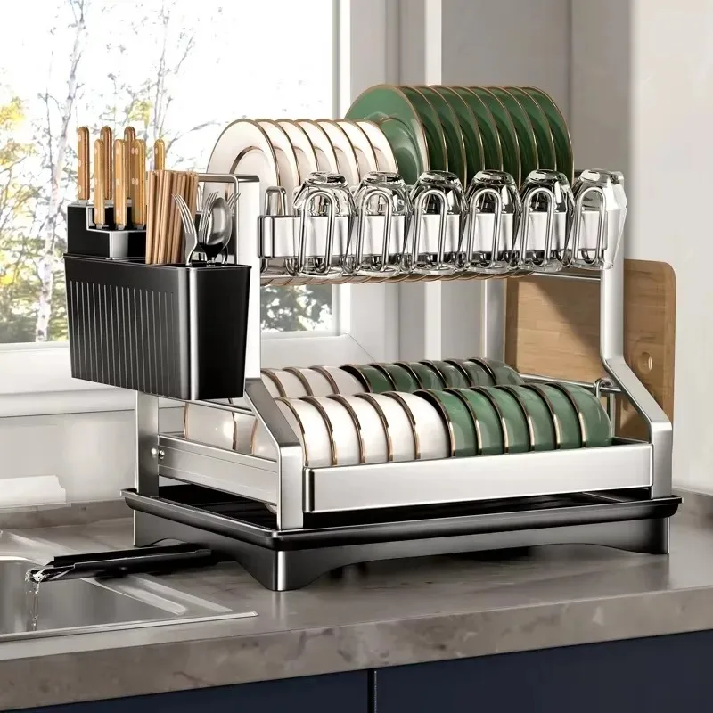 Morden Kitchen Storage Holder &Racks Anti-rust 2 Tier Stainless Steel Dish Rack Drainer Dishes Holder Kitchen Sink Holder