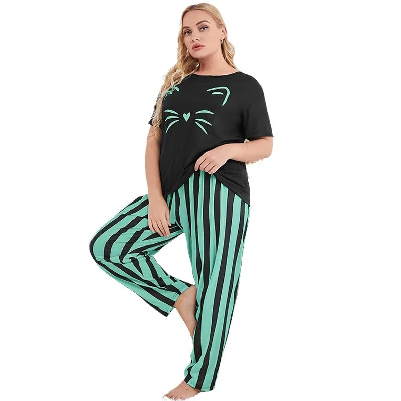 Plus Size Women\'s Pajamas Set Stripe Print Smooth Soft Summer Short Sleeves Sleepwear Long Btoom Nightwear Clothes 3XL 4XL 5XL