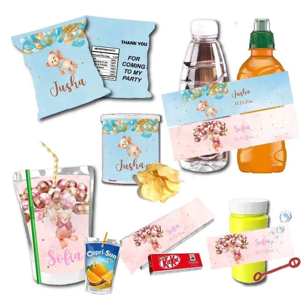 Cute Bear Ballon Juice Pouch Logo Sticker Water Bottle Labels Chips Can Bag Gable Box Sticker Baby Shower Party Decor Supplies