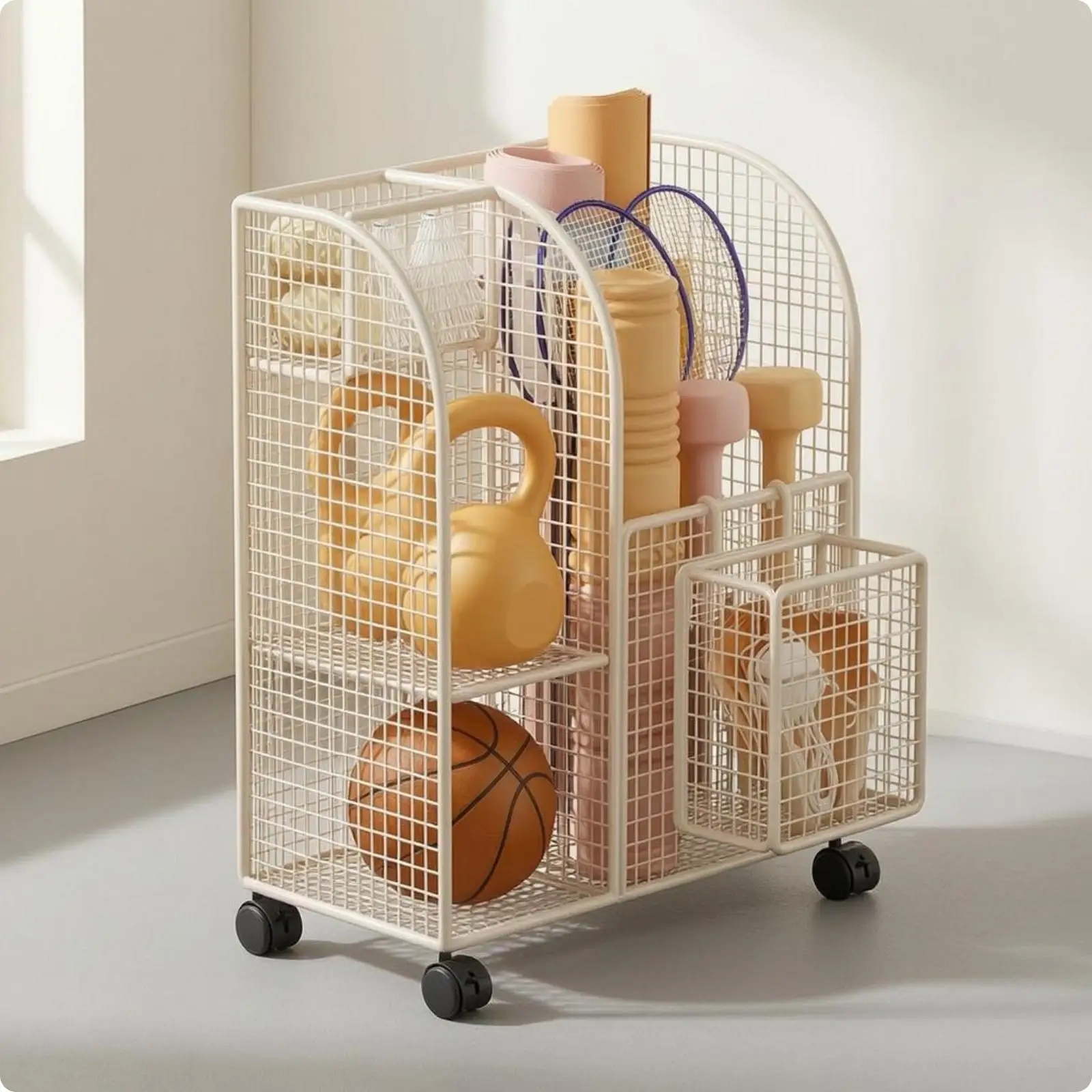 Multi Section Metal Wire Storage Cart for Sports Gear and Yoga Mats with Rolling Base for Home Fitness Equipment Organization view 4