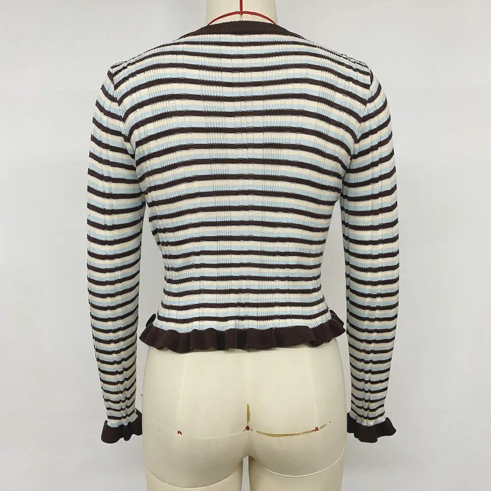 Women Slim Fit Stripe Sweater Vintage O Neck Flare Long Sleeve Pullover Autumn Casual Soft Cotton Fashion Knitwear