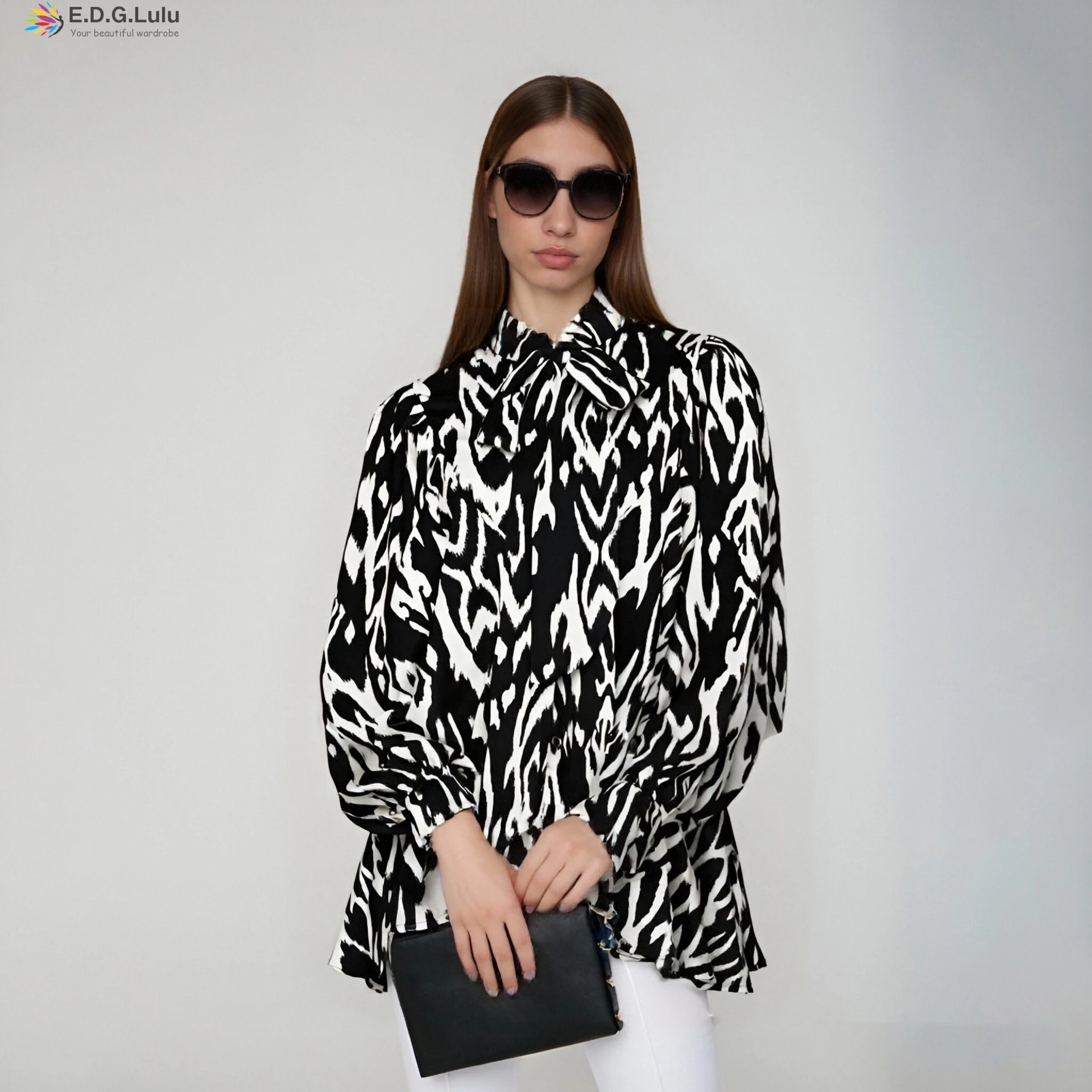 

EDGLuLu 225, осенняя новая блузка с контрастным принтом, женская повседневная уличная блузка с воротником-стойкой, свободный топ на шнуровке с бантом 0927