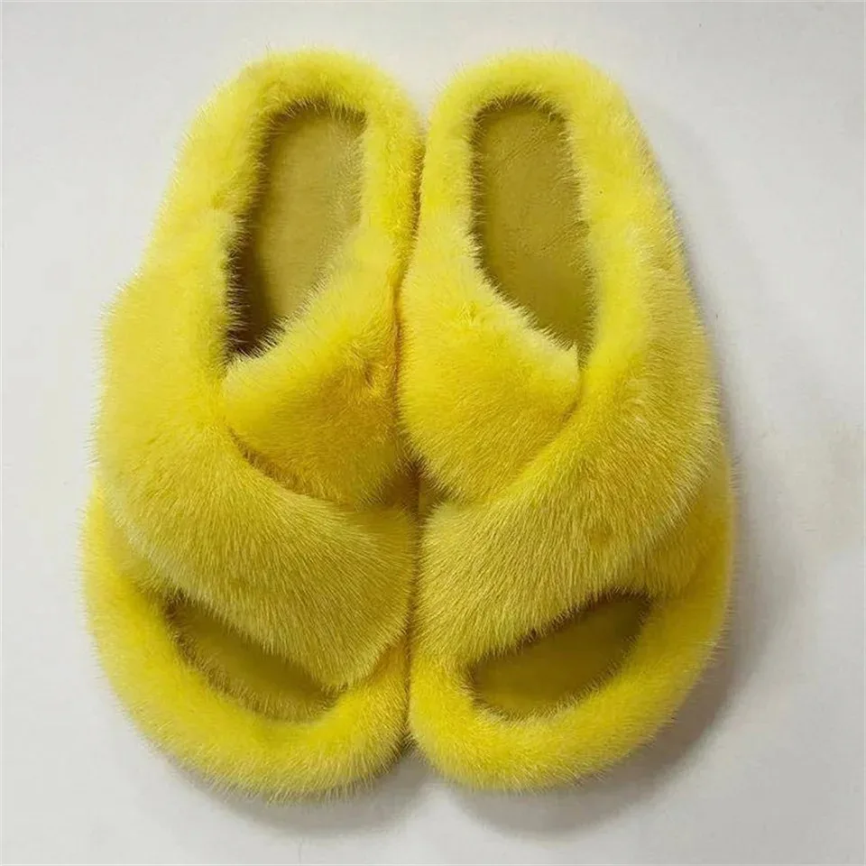 Flauschige Echte Nerzfell-Damenhausschuhe für Innenbereich Herbst Winter Luxus-Designer-Slipper Lässige Hauspantoffeln aus Flauschigem Nerzfell – Detail 3