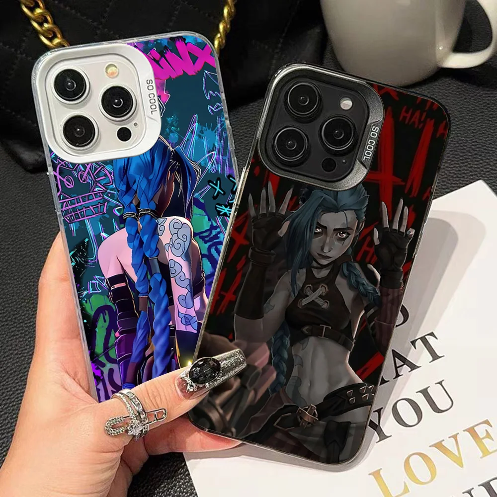 حافظة هاتف Jinx Arcane لهاتف آيفون 16 15 14 13 12 11 Pro Max Plus غطاء خلفي فضي مقاوم للصدمات