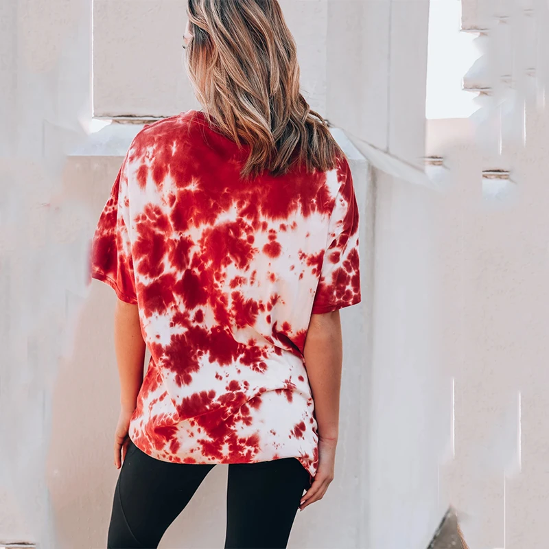 Summer Loose Oversize Crew Neck T-shirt Female Y2K Tie-dyed Red Basic Pullover T-shirt Fashion Streetwear