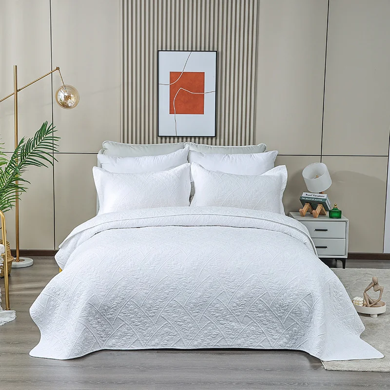 Padded Cotton Quilt Set with Shams, White Embroidered Bedspread on The Bed, Quilted Blanket for Bedroom, Padding Bed Cover 3Pcs