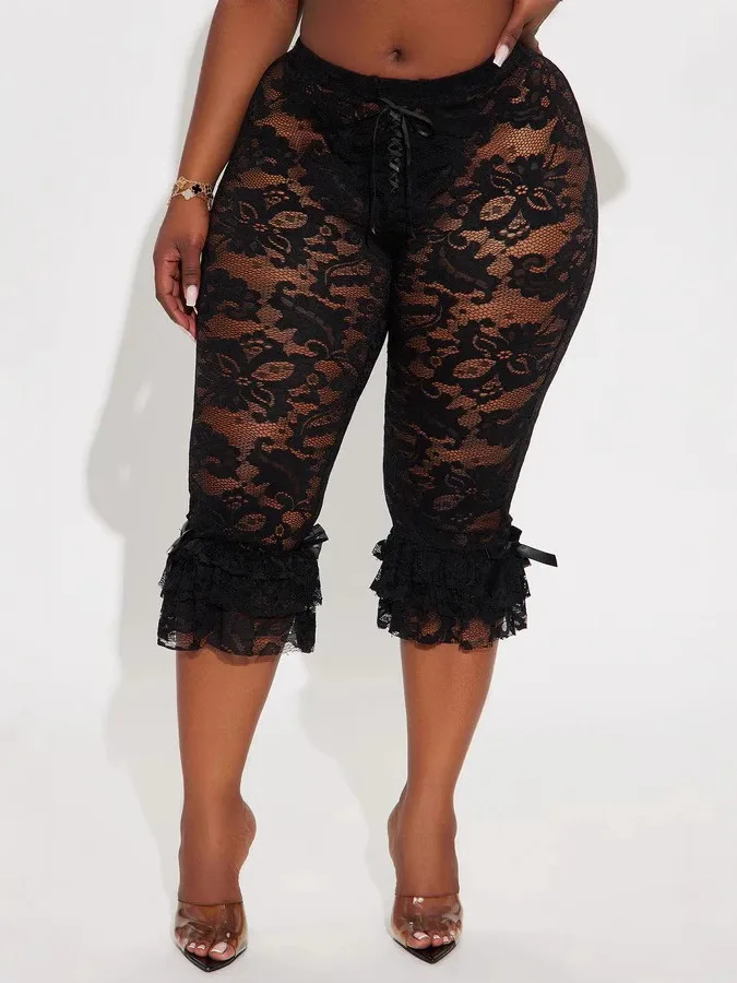 Ruffles ลูกไม้ Capri กางเกงผู้หญิงฤดูร้อนกางเกง Dancewear ผ้าพันคอเอวสูงกางเกง Cropped แฟชั่น Streetwear เซ็กซี่ Party Bottoms