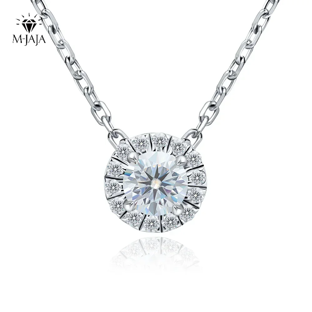 

M-JAJA Moissanite Necklace 0.5ct/1ct D Color Round Cut Pendant 18K White Gold Plated Adjustable 925 Sterling Silver Fine Jewelry