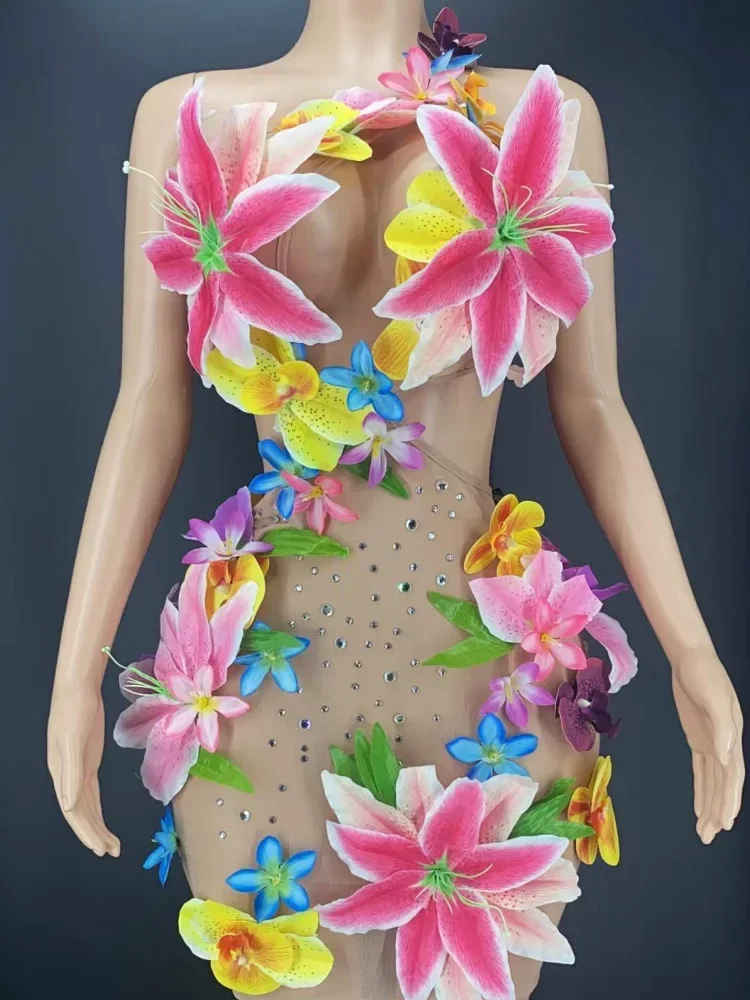 Vestido de flores Sexy con espalda descubierta ahuecado para mujer, disfraces de Las Vegas Show Hawaii, trajes de Drag Queen para fiesta en la playa de verano