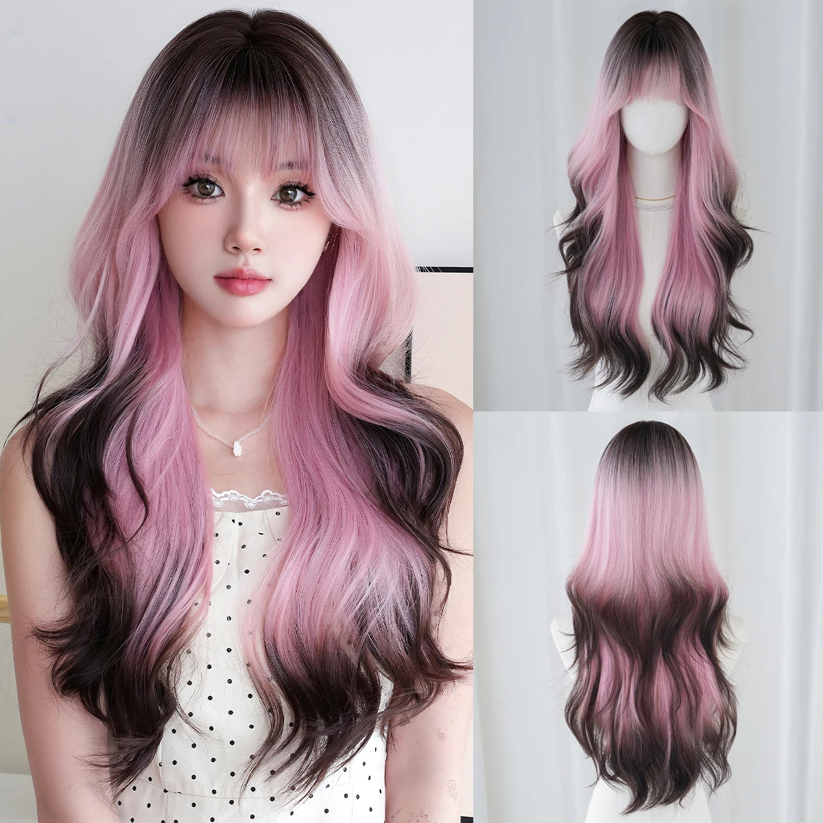 

7JHH WIGS Long Straight Black Ombre Pink Wig for Women Synthetic Heat-Resistant Modest Fashion Wear and Go Wigs with Dark Roots