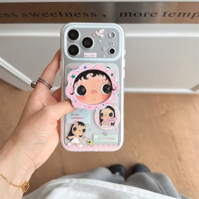 

Kawaii Cartoon Girl Print For MagSafe Phone Case For iPhone 15 16 17 Pro Max With Flower Stand Shockproof Cover fashion phone ca