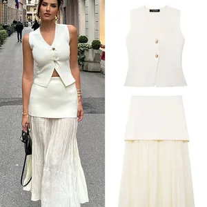 Trafza Female Set 2 pieces with sleeveless V -neckline Top mesh button + Amendment High Zipper Side Skirt to Traf ankle 10 Main Sales Set Cropped and Skirt - №7