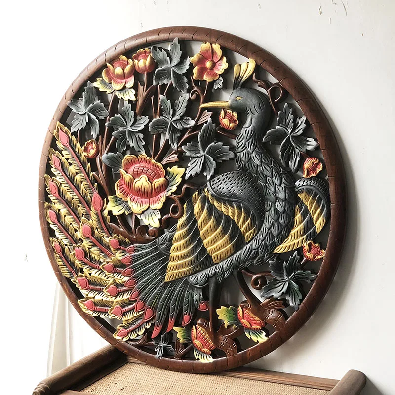 Exotic hand-painted round peacock hollow wood carved board living room solid wood wall decoration hanging screen