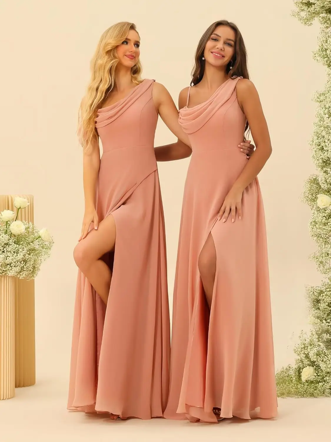 فستان وصيفة العروس بكتف واحد لعام 2025 شيفون طويل سبليت لحفلات الزفاف بكتف بارد على شكل حرف a مع جيب فستان رسمي