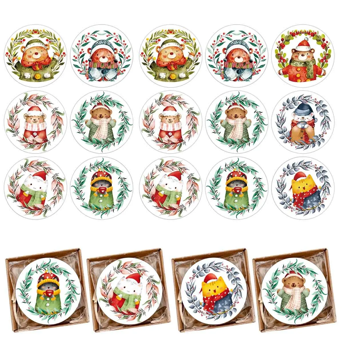 90pcs 4.5cm Round Animal Stickers Carton Bear Cat Winter Paper Sticker For Christmas Party Decoration DIY Gifts Wrapping Supply