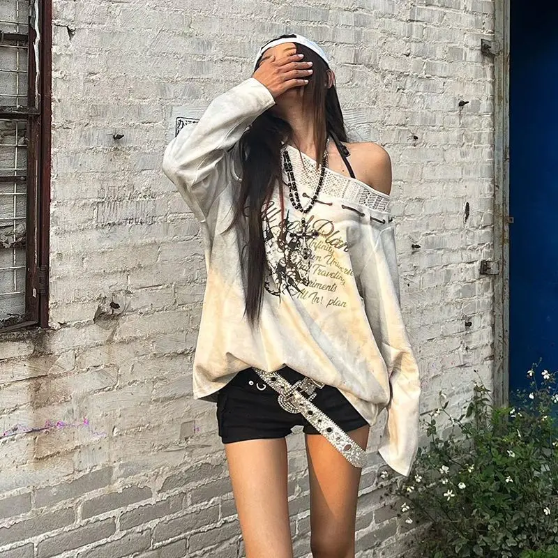 Americna Harajuku Vintage Sexy cuello oblicuo ropa de manga larga Y2k estética Punk suelta mujeres Tops subcultural High Street camisetas