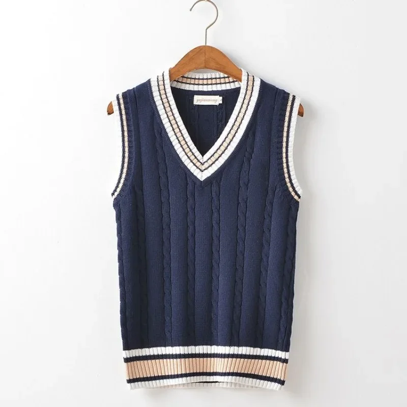 Striped White Knitted Sweaters for Men Blue Sleeveless Man Clothes V Neck Vest Red Waistcoat Jumpers Sweat-shirt Cigaret Cotton