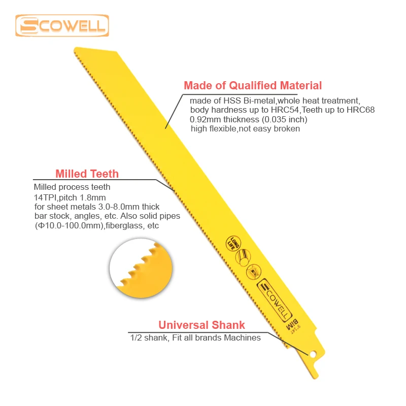 Imagem -02 - Scowell-lâminas de Serra Sabre Alternativo Lâminas de Serra para Madeira e Metal Bimetal 14tpi M42 230x19x0.92 mm 20