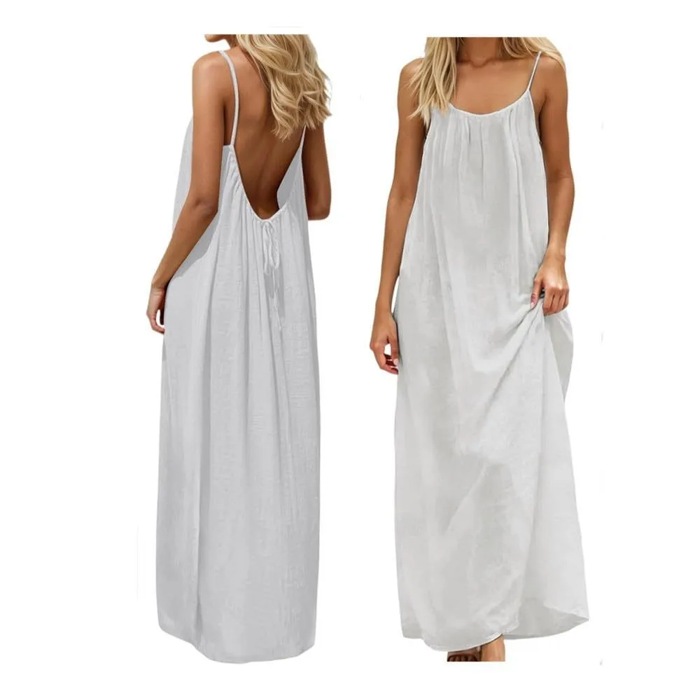Damen Sommer 2026 Eisseide Crêpe Maxikleid, einfarbiges rückenfreies gerafftes Spaghettiträger-Freizeitkleid für den Strandurlaub
