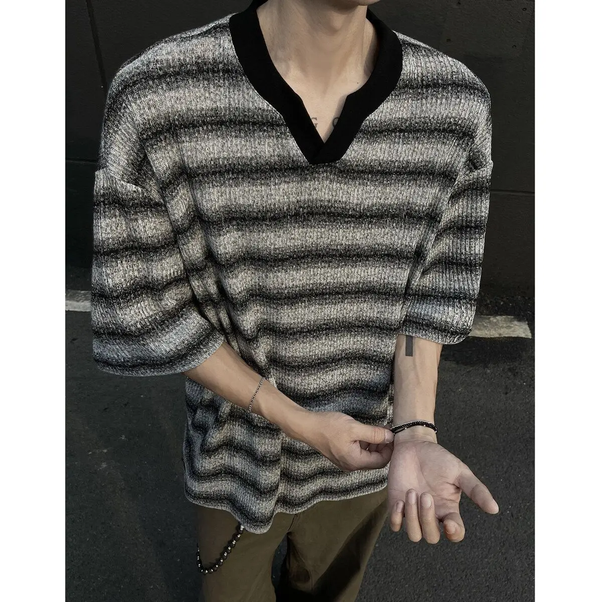 2026 Spring and Summer New V-neck Striped T-shirt Boys Ice Silk Texture Short Sleeves