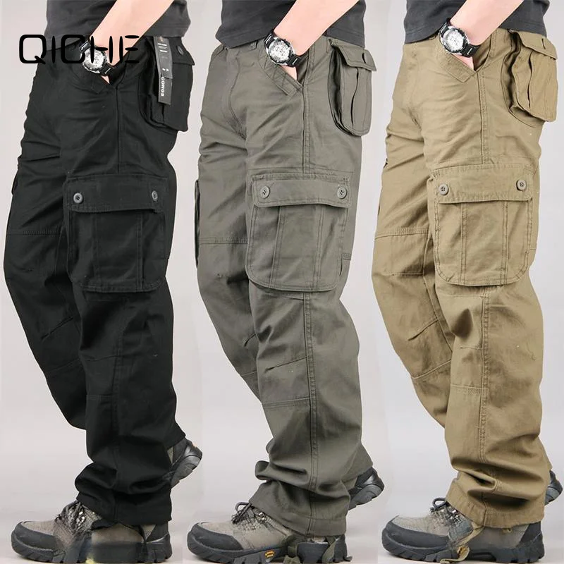 QICHE Men Loose Oversized Work Casual Trousers Cotton WearResistant MultiPocket StraightLeg LaborProtection Cargo Pants