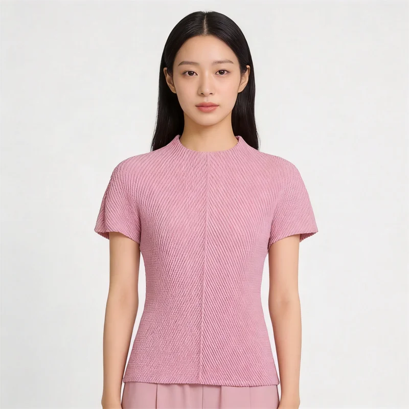 

Miyake Pleated Women's Casual Tops 2026 New Japanese Design Solid Color Round Neck Short-sleeved Pullover Top