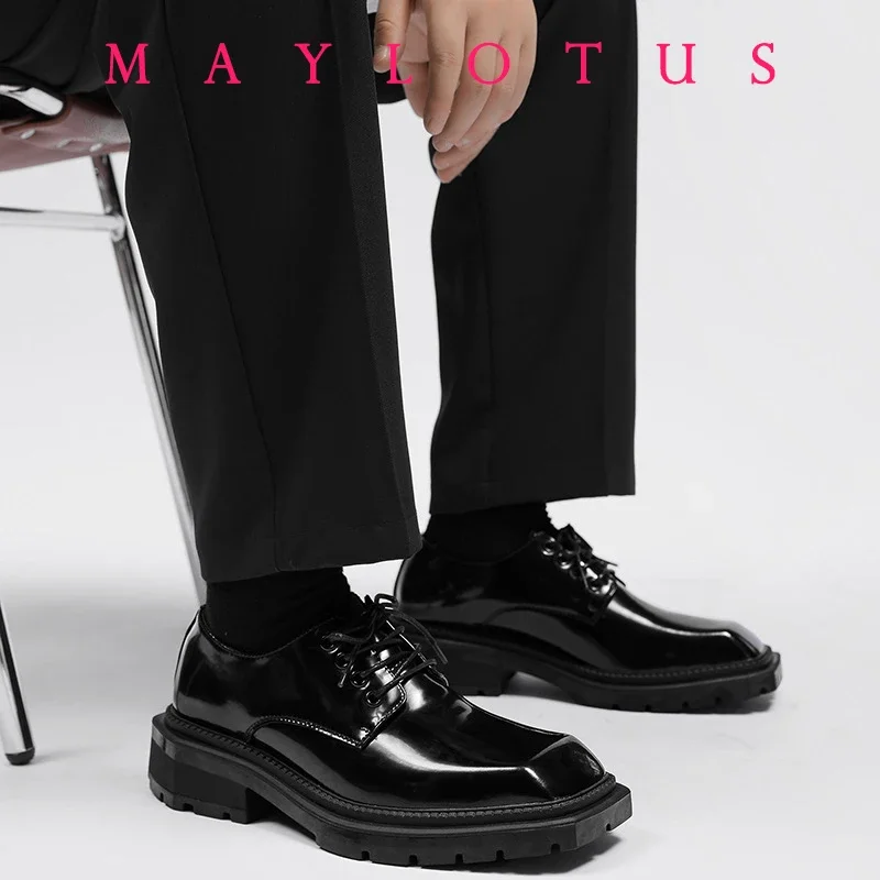 Men's Shoes New Square Head Leather Shoes Fashion Casual Formal Dress Loafers for Men Lace-up Black British Business Work Shoes