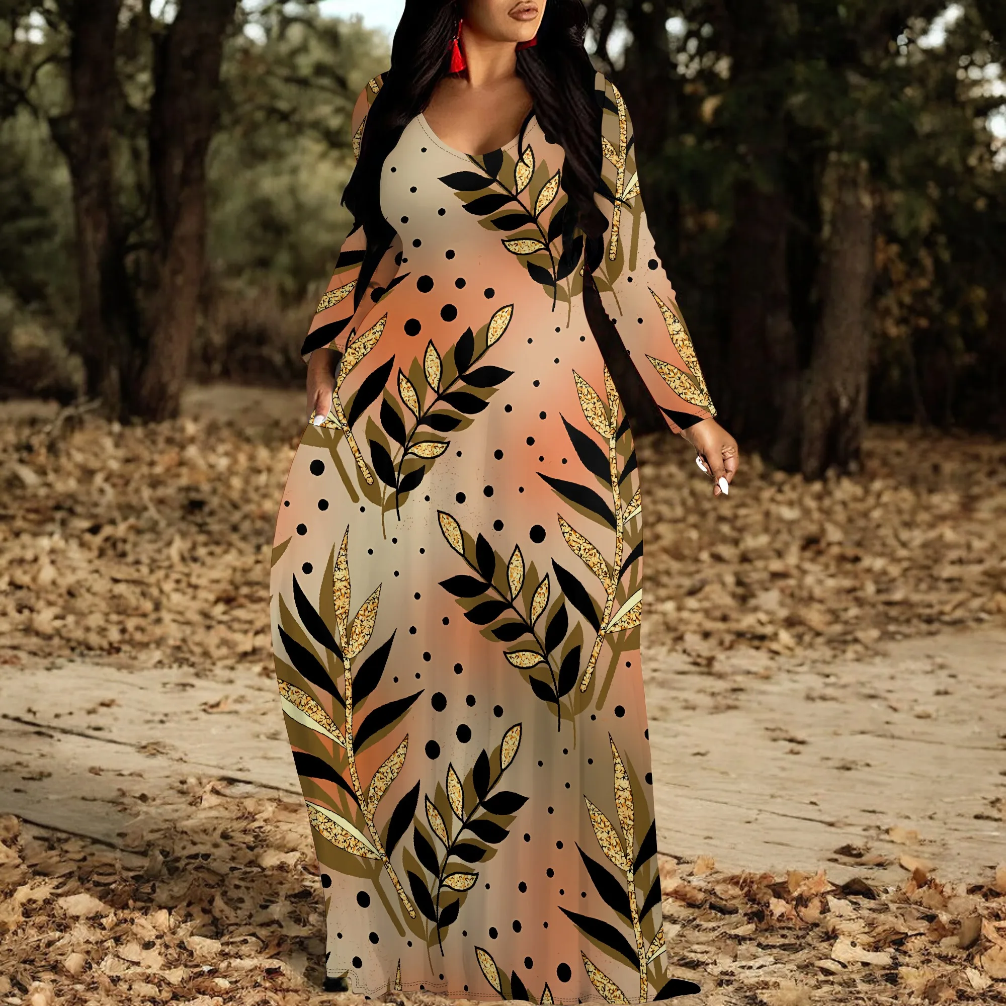 

Nupusa Standard Size Maxi Dress Leaf Print Crew Neck Long Sleeve Dress