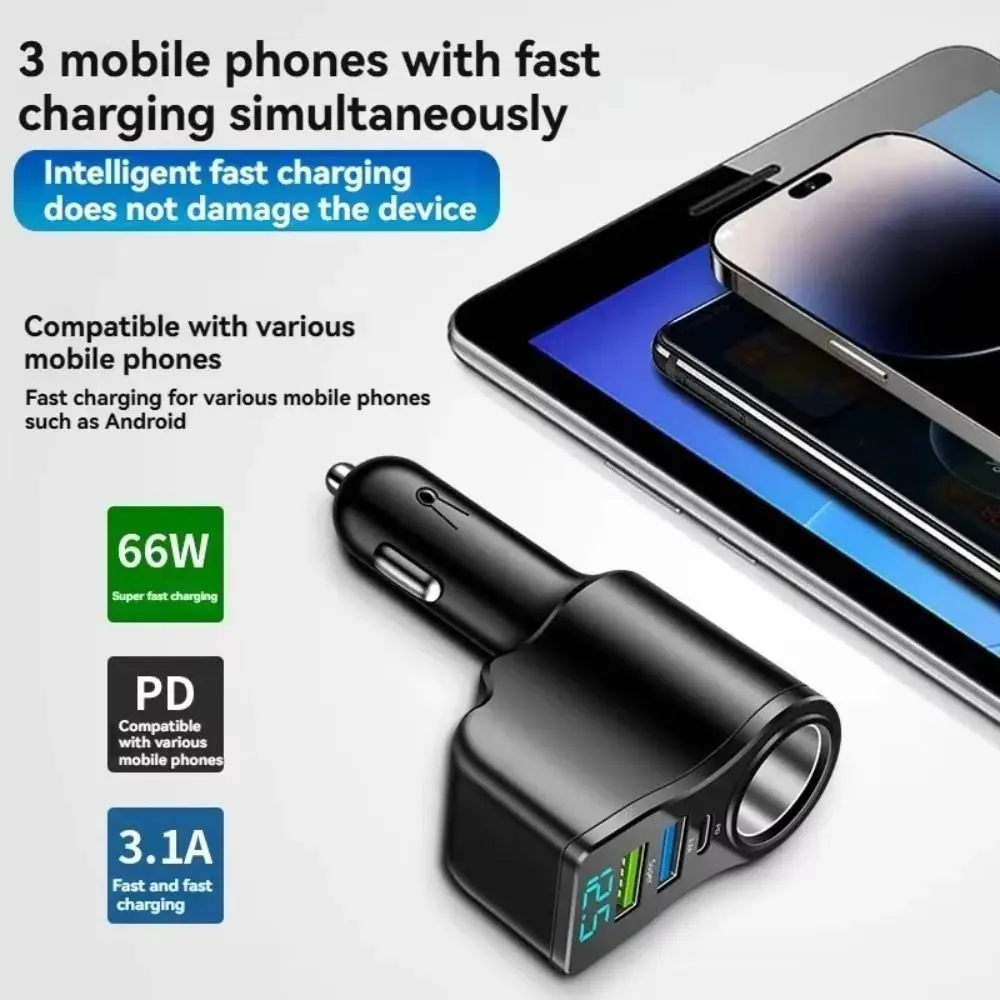 

Автомобильное зарядное устройство 4-в-1 с двумя USB-портами, быстрая зарядка 66 Вт, многофункциональный адаптер USB и Type-C для мобильных телефонов