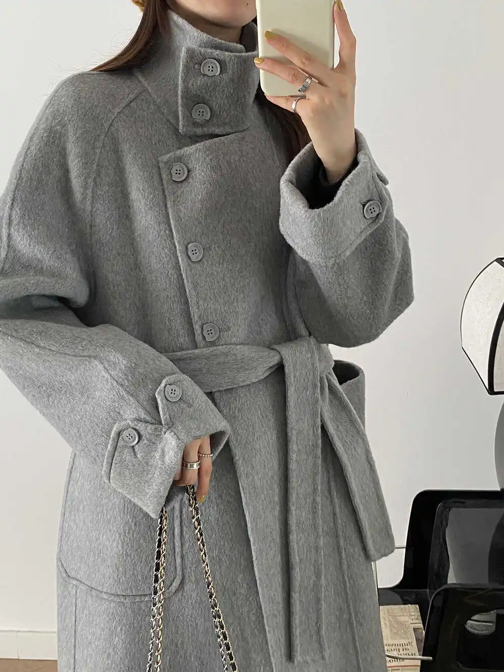 

Korean Standing Collar Double-Sided Woolen Coat For Women In Winter, Australian Wool Long Style, Temperament Cashmere Coat
