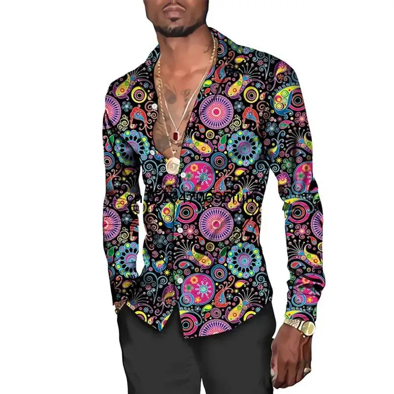 Men's Fashion Paisley Floral Print Shirts Vintage Style Lapel Button-Up Long Sleeve Tops Hip Hop Men/Women Casual Party Clubwear