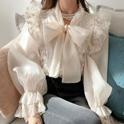 French lace high-grade bow shirt women's spring and autumn new fashion temperament slim casual Joker high waist top.