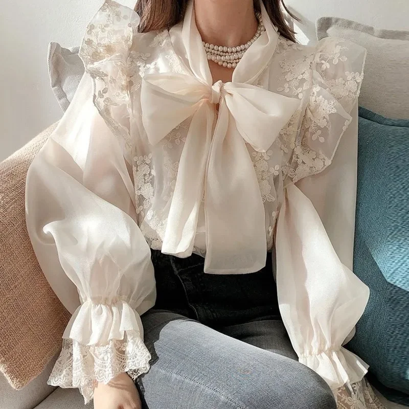 Lace bow shirt female 2024 early autumn new Korean fashion temperament slim casual Joker high waist top. white shirt women