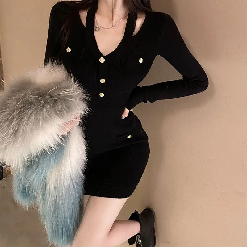 Autumn Winter New Fragrant Style Sexy Hanging Neck Slim Fit Knitted Dress Women